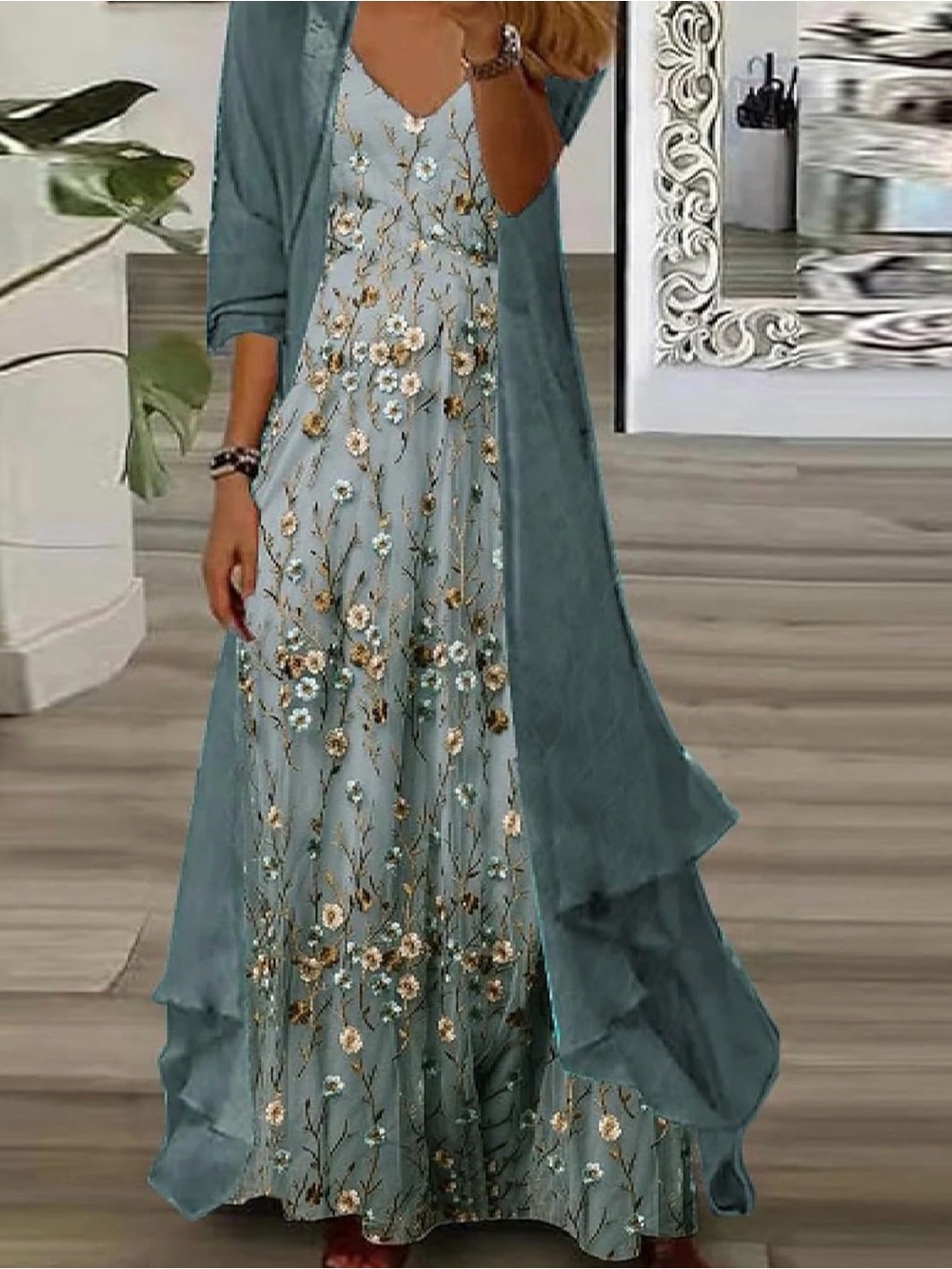 Elegant Green Floral Women’s Maxi Dress with Overlay